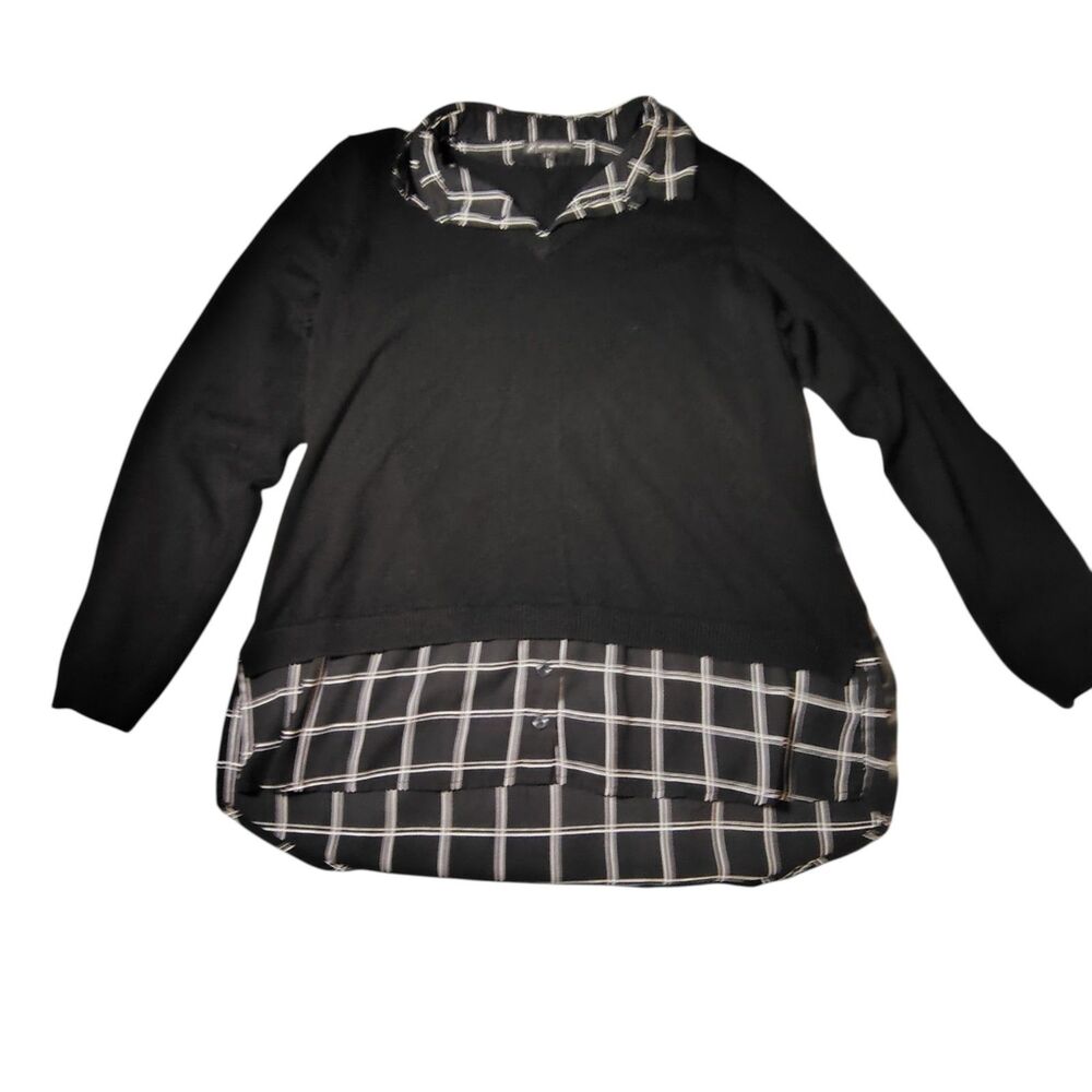 ADRIANNA PAPELL Plaid Collared Sweater Black White X-Large Women's 00048
